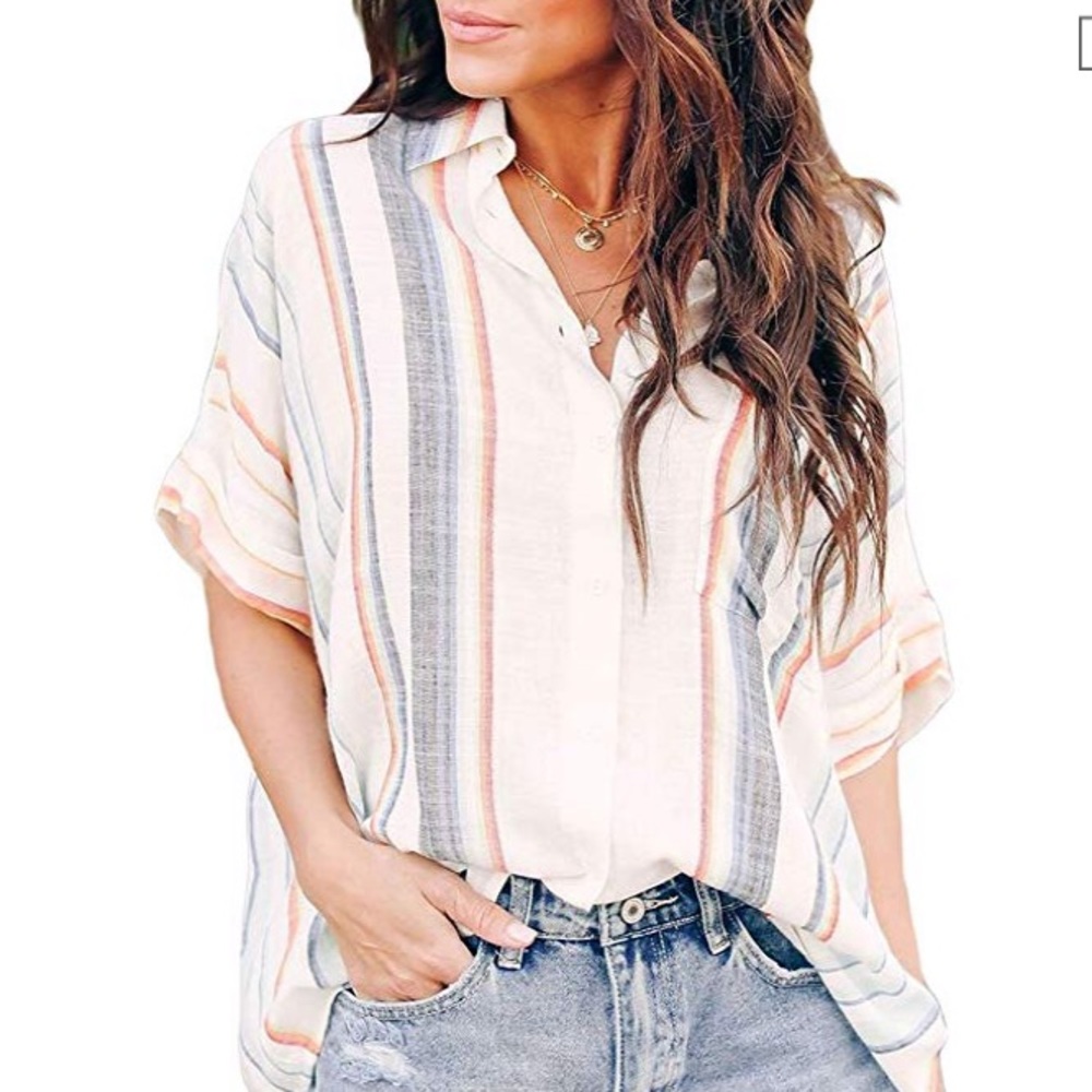🛍V neck striped collar cuffed blouse button down